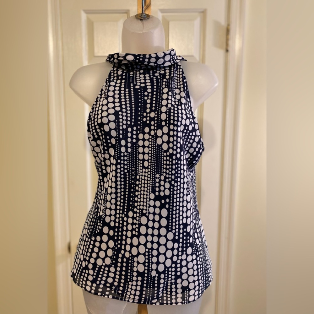 Lovely navy & white polka dot halter top with high collar & decor tie side, XL